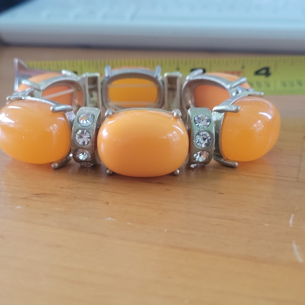 Vintage Orange Lucite Cabochon Stretch Bracelet Rhinestone Silver Tone